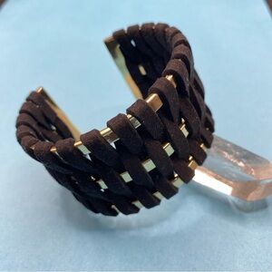 VICTORIA'S SECRET Gold Tone With Woven Black Leather Wide Chunky Cuff Bracelet